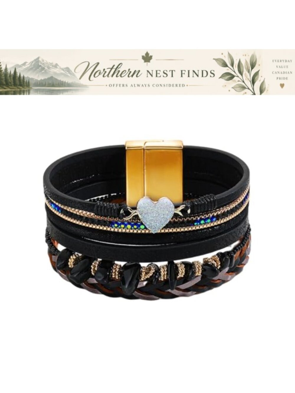 Leather Wrap Bracelet Sparkly Heart Braided Boho Cuff Bangle for Women